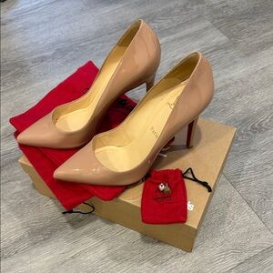 Louboutin Pigalle 100 Nude Patent Leather Pumps